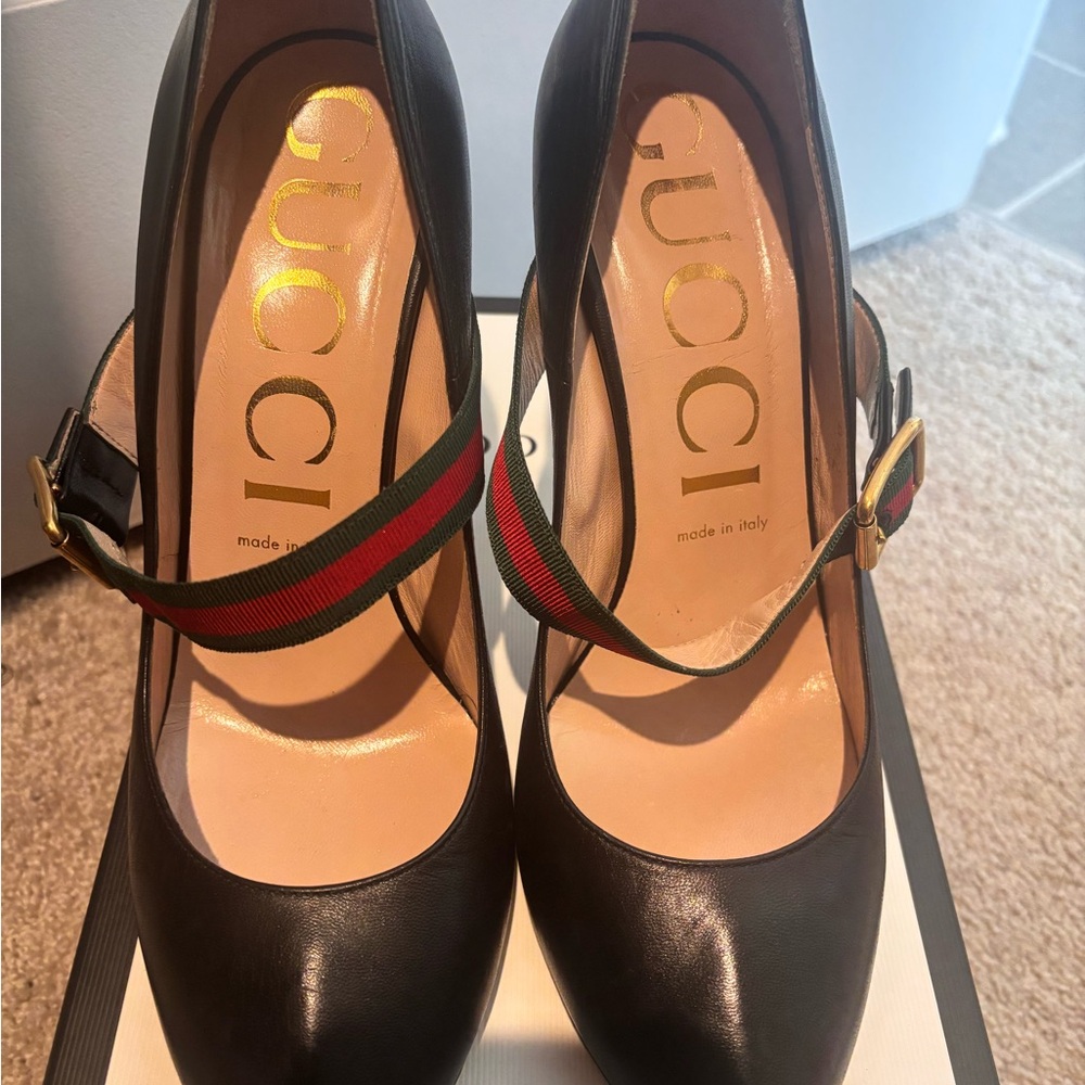 Gucci Black Heels with Red and Green Straps